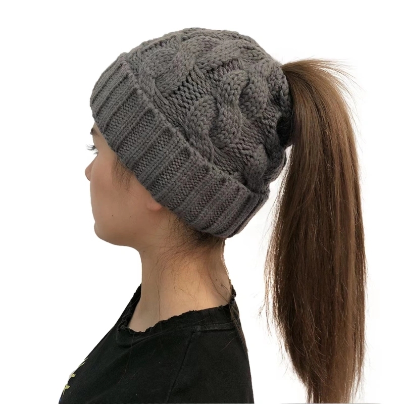 Winter Chunky Warm Cable Knit Pony Tail Hats With Ponytail Hole Top Shipped By Air