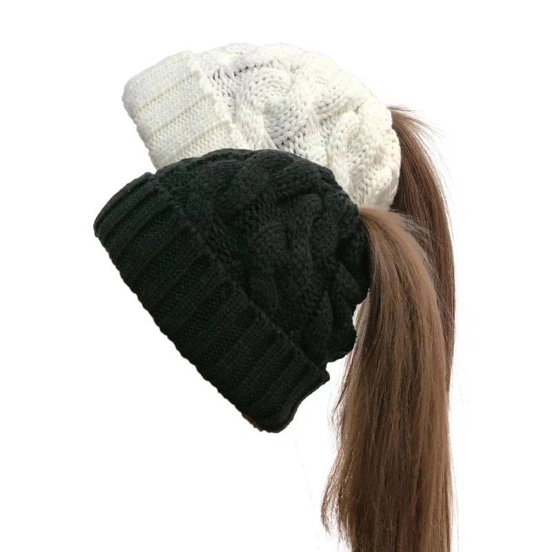 Winter Chunky Warm Cable Knit Pony Tail Hats With Ponytail Hole Top Shipped By Air