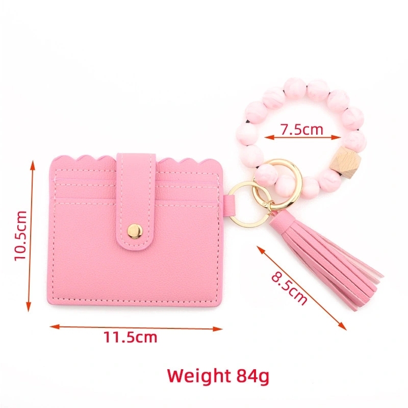 Popular Silicone Bead Bracelet With PU Card Bag Keychain