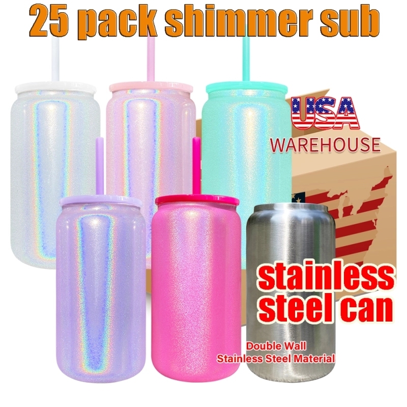 25 Pack USA Warehouse 16oz Vacuum Insulated Shimmer Stainless Steel Can for Sublimation