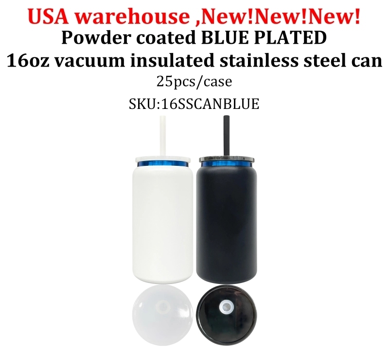 25 Pack USA Warehouse 16oz Blue Plated Vacuum Insulated Stainless Steel Can