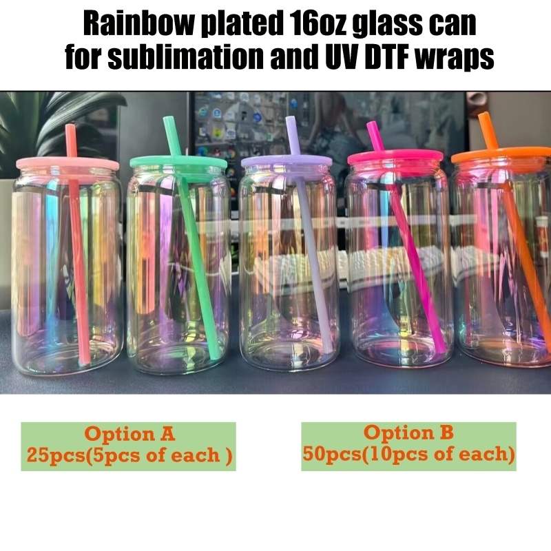 25 Pack USA Warehouse 16oz Rainbow Glass Can For Sublimation And UV DTF Wraps