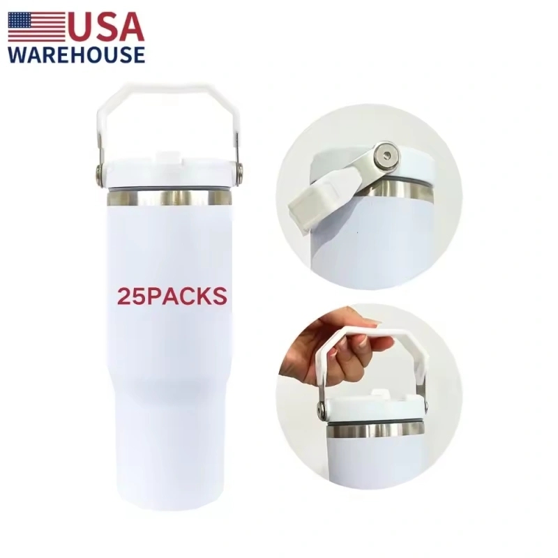 25 Pack USA Warehouse 30oz Stanley Style Matte White Color Only Flip Straw School SublimationTumbler for Kids