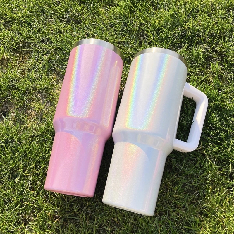 25 Pack USA Warehouse H1.0 40oz Sublimation Blanks Colorful Rainbow Shimmer Glitter Travel Mug Tumbler With Handle Sold by Case