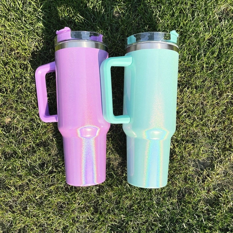25 Pack USA Warehouse H1.0 40oz Sublimation Blanks Colorful Rainbow Shimmer Glitter Travel Mug Tumbler With Handle Sold by Case