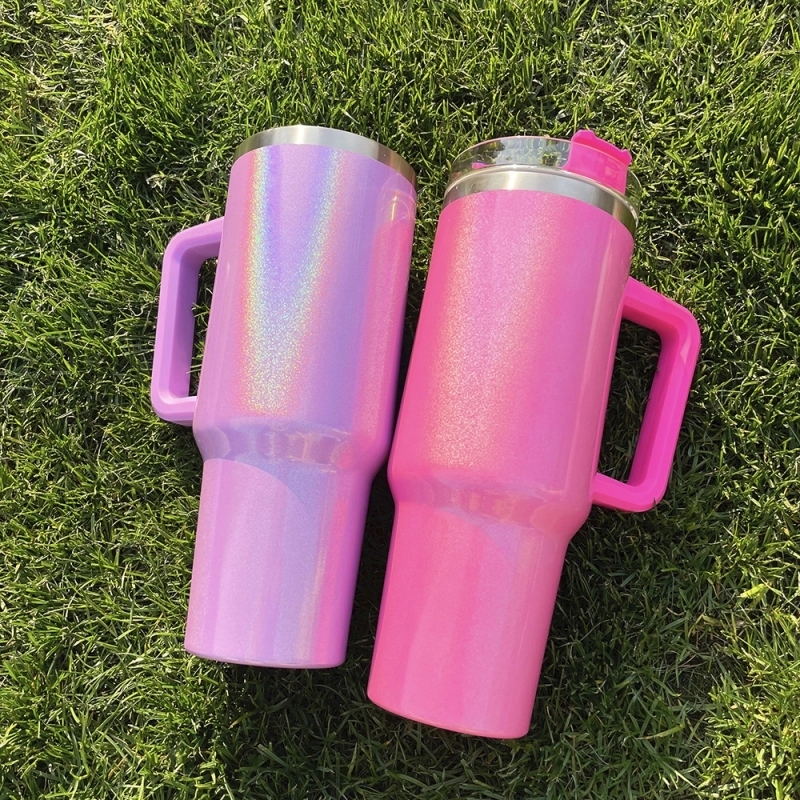 25 Pack USA Warehouse H1.0 40oz Sublimation Blanks Colorful Rainbow Shimmer Glitter Travel Mug Tumbler With Handle Sold by Case