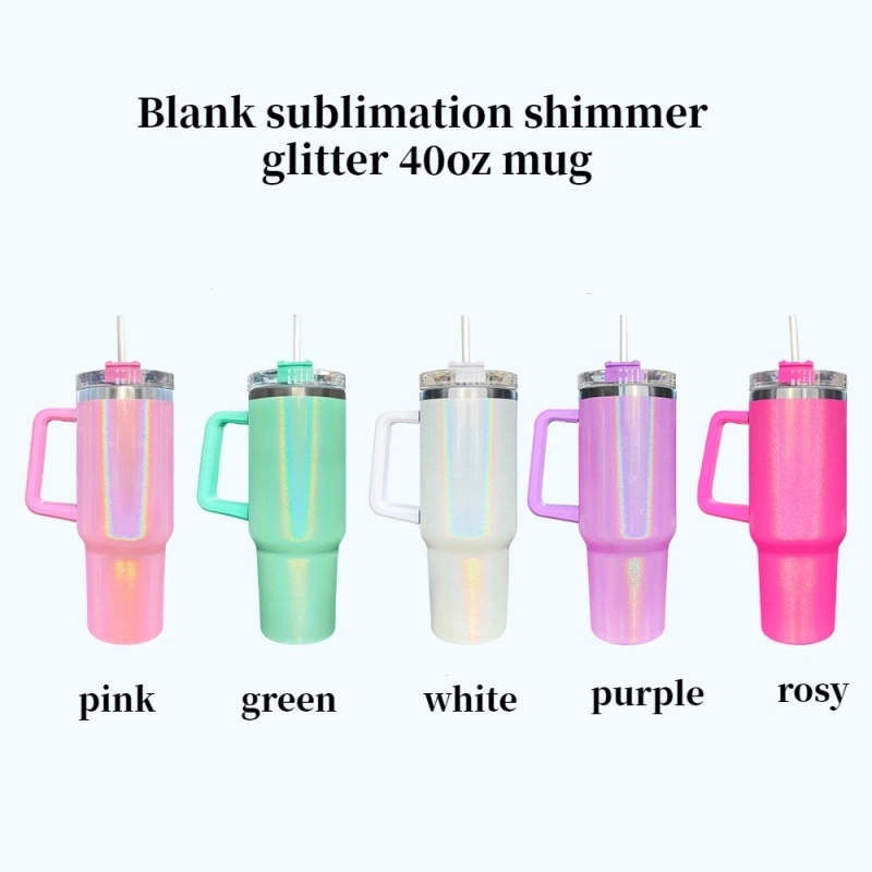 25 Pack USA Warehouse H1.0 40oz Sublimation Blanks Colorful Rainbow Shimmer Glitter Travel Mug Tumbler With Handle Sold by Case