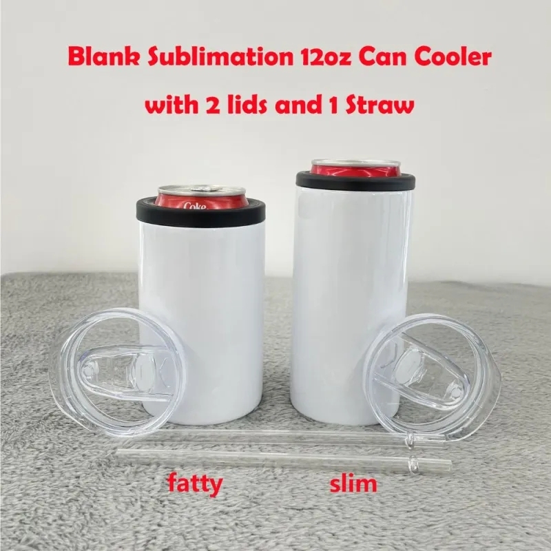50 Pack USA Warehouse 12oz blank sublimation Can Cooler with 2 lids fatty and skinny style for choose