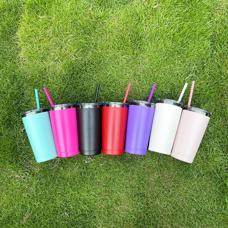 25 Pack USA Warehouse Yeti Power Coated 20oz Cool Black Underneath Plated Car Tumblers With Colorful Straws