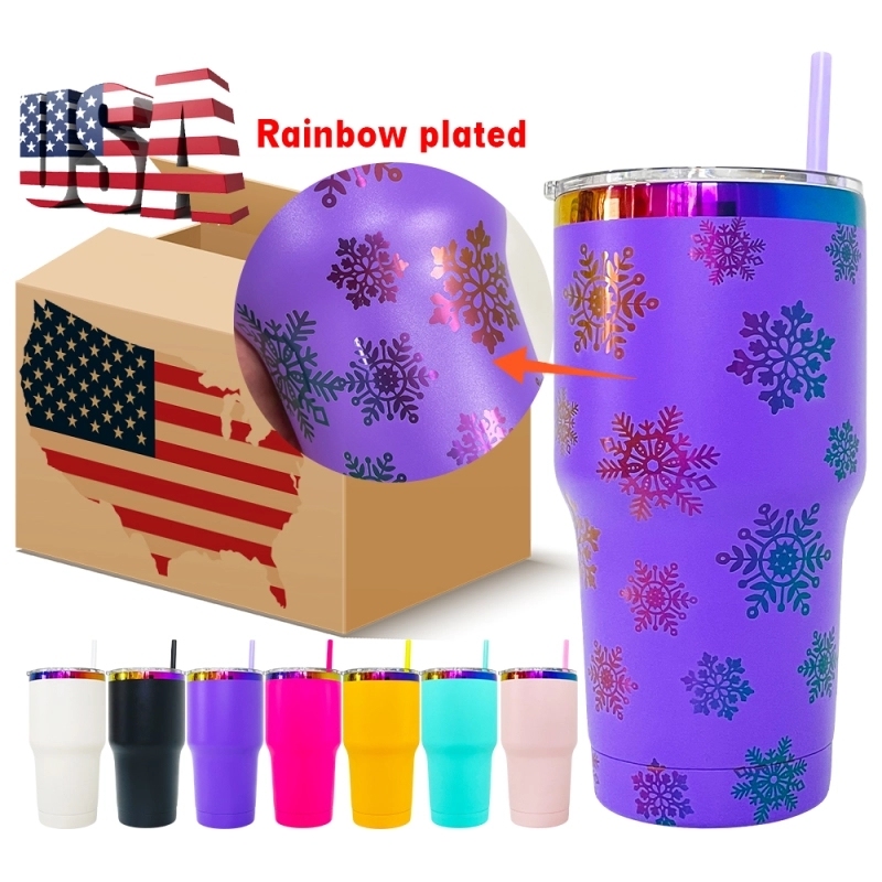 25 Pack USA Warehouse Yeti Power Coated 30oz Rainbow Plated Tumblers With Colorful Straws for Laser Engraving