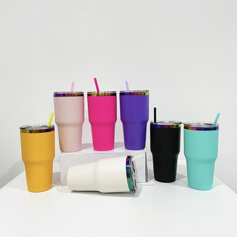 25 Pack USA Warehouse Yeti Power Coated 30oz Rainbow Plated Tumblers With Colorful Straws for Laser Engraving