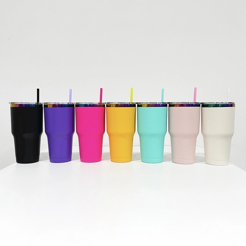 25 Pack USA Warehouse Yeti Power Coated 30oz Rainbow Plated Tumblers With Colorful Straws for Laser Engraving