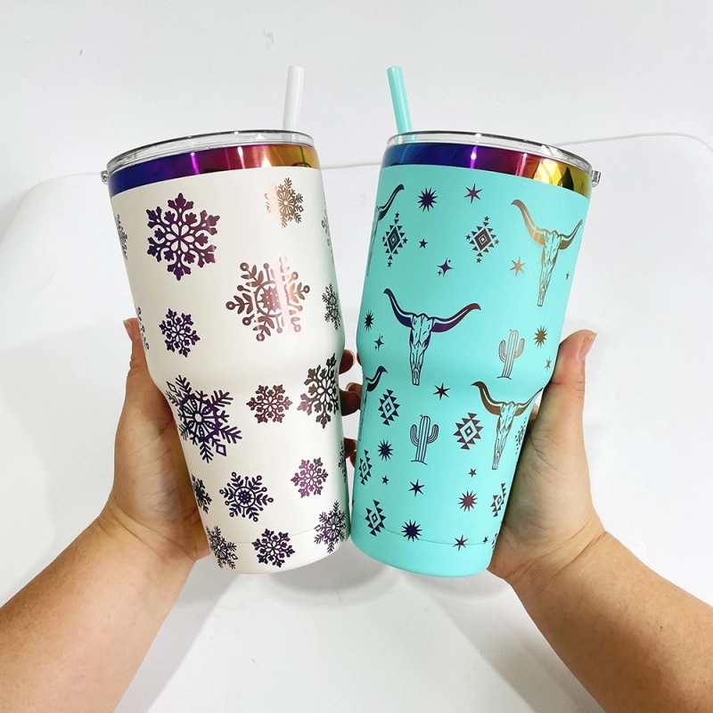 25 Pack USA Warehouse Yeti Power Coated 30oz Rainbow Plated Tumblers With Colorful Straws for Laser Engraving