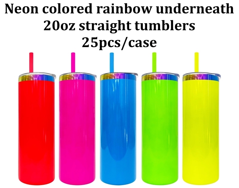 25 Pack USA Warehouse 20oz Neon Colored Rainbow Underneath Sublimation Skinny Straight Tumbler for Laser Engraving and Sublimation