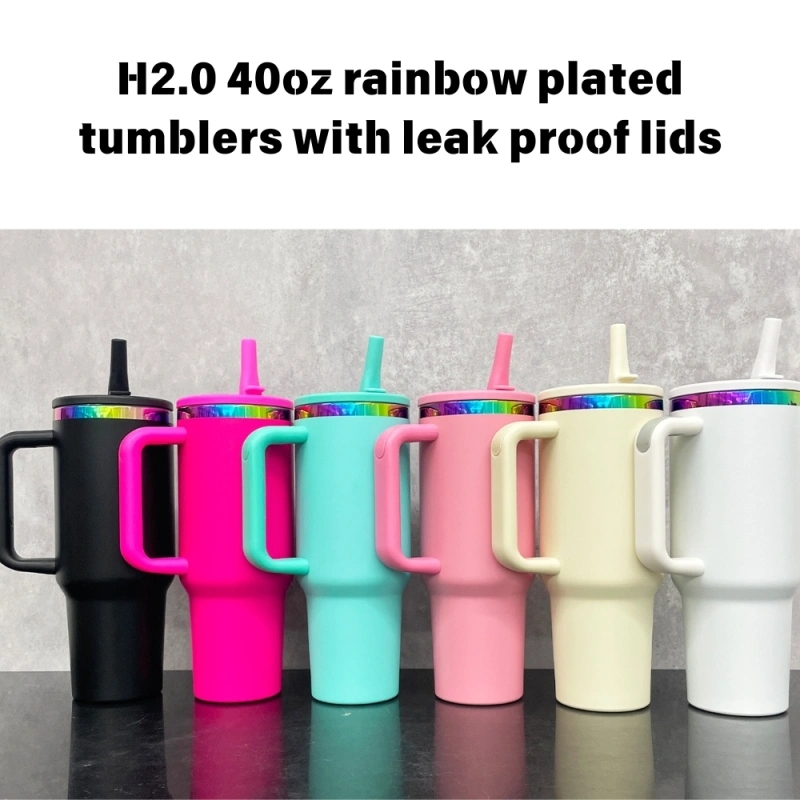 20 Pack USA Warehouse H2.0 40oz Rainbow Plated Tumblers with Leak Proof Lids Suitable For Laser Engraving Double Wall Stainless Steel Cups For Outdoor