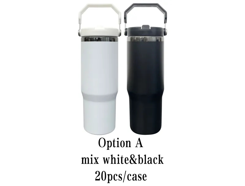 20 Pack USA Warehouse Mirror Black Plated 30oz Flip Straw Outdoor Water Bottle with Top Handle for Laser Engraving