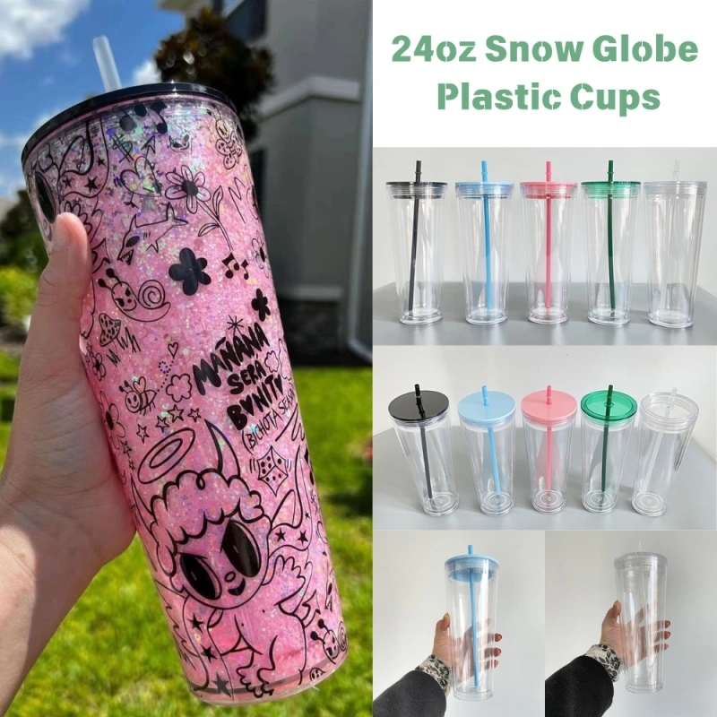 20 Pack USA Warehouse 24oz Clear Pre Drilled Snow Globe Double Wall Plastic Acrylic Tumbler Sold By Case