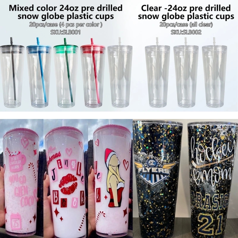 20 Pack USA Warehouse 24oz Clear Pre Drilled Snow Globe Double Wall Plastic Acrylic Tumbler Sold By Case
