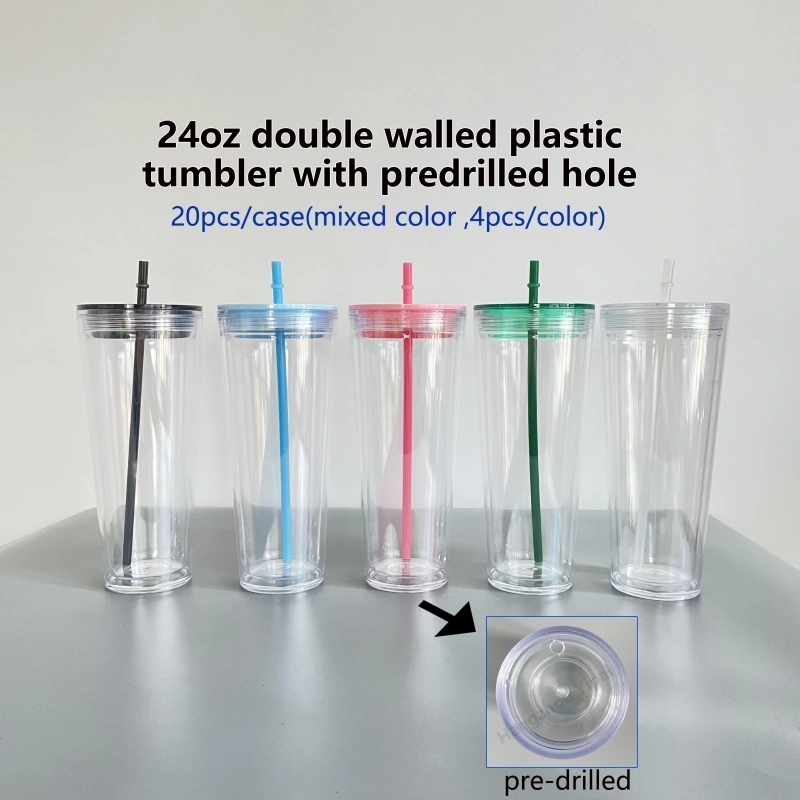 20 Pack USA Warehouse 24oz Clear Pre Drilled Snow Globe Double Wall Plastic Acrylic Tumbler Sold By Case