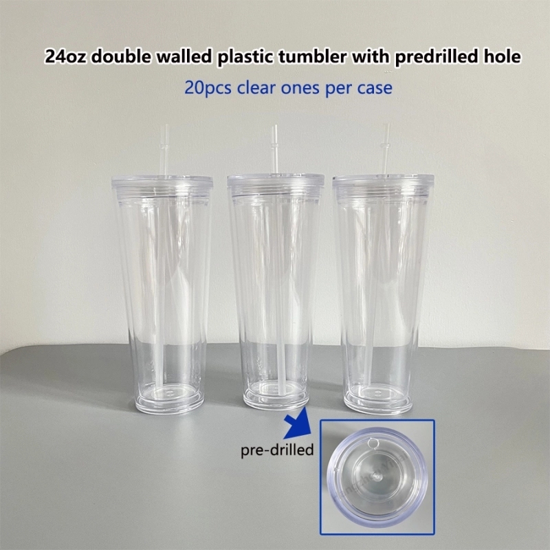 20 Pack USA Warehouse 24oz Clear Pre Drilled Snow Globe Double Wall Plastic Acrylic Tumbler Sold By Case