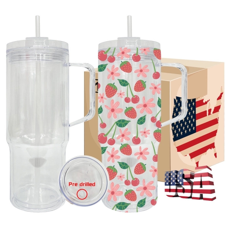 20 Pack USA Warehouse Glitter 40oz Clear Acrylic Snow Globe Cups Plastic Double Wall Tumbler with Pre Drilled Hole and Plug for UV DTF Transfer Wrap