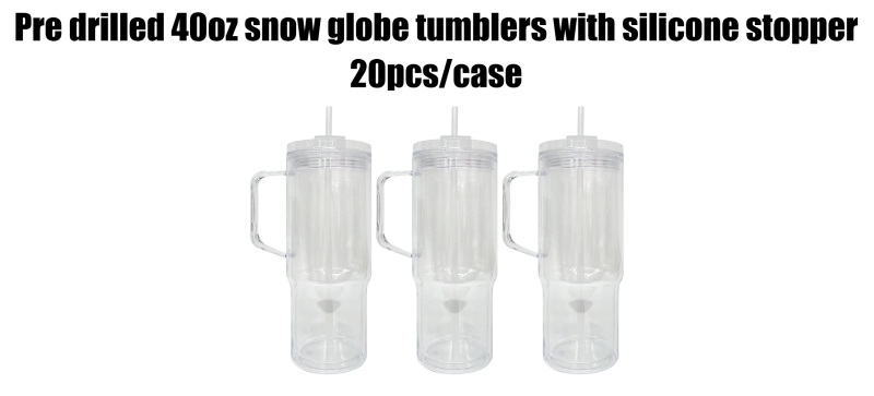 20 Pack USA Warehouse Glitter 40oz Clear Acrylic Snow Globe Cups Plastic Double Wall Tumbler with Pre Drilled Hole and Plug for UV DTF Transfer Wrap