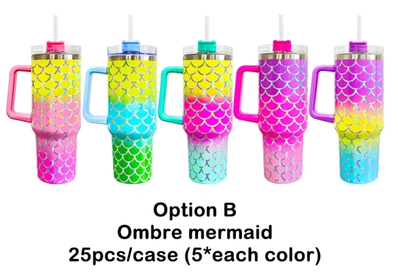 25Pack China Warehouse Mix Color H1.0 40oz Holographic Mermaid Stainless Steel Tumbler Sold By Case