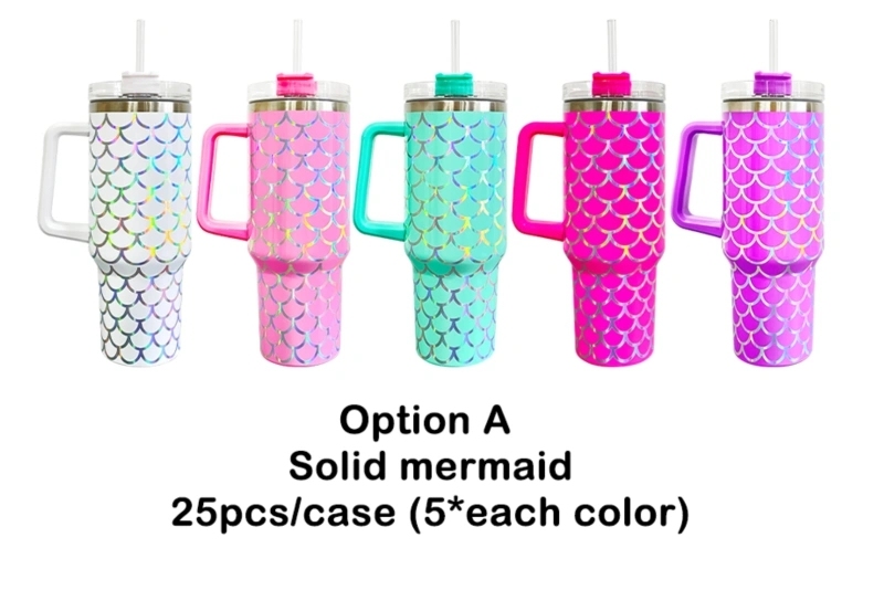 25Pack China Warehouse Mix Color H1.0 40oz Holographic Mermaid Stainless Steel Tumbler Sold By Case
