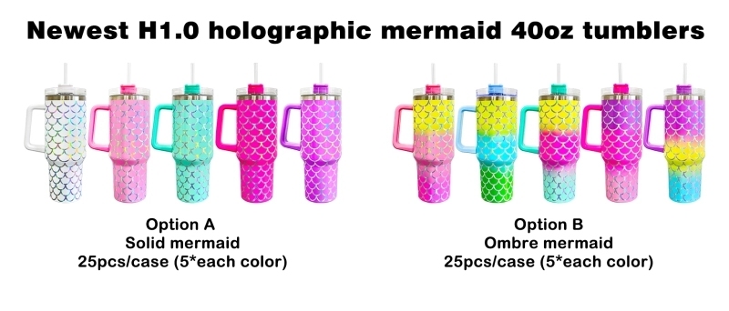 25Pack China Warehouse Mix Color H1.0 40oz Holographic Mermaid Stainless Steel Tumbler Sold By Case