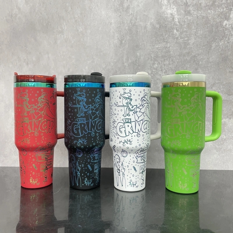 20 Pack China Warehouse 40oz Power Coated Tumblers with Full Cups Laser Engraving Grinch Design Suitable for Christmas