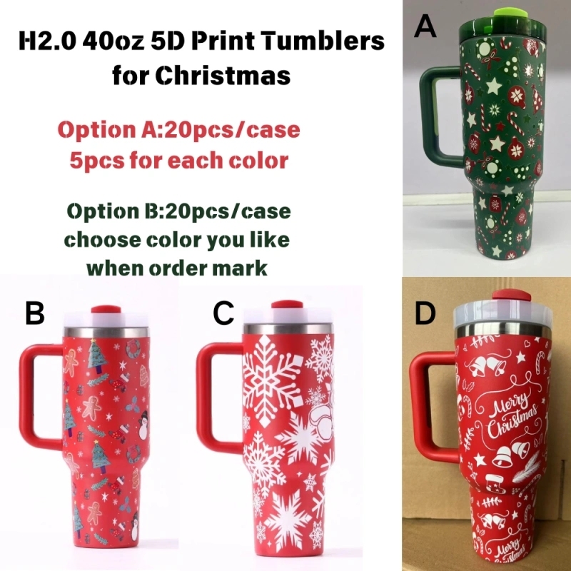 20 Pack China Warehouse H2.0 40oz with 5D Print Tumblers for Christmas Green and Red Color Mix Style for Xmas