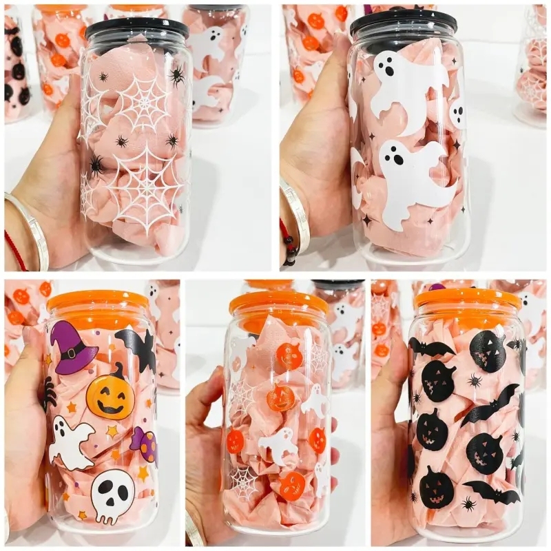 50 Pack USA Warehouse 16oz Halloween Glass Can With 3D Touch Design And Plastic Lids