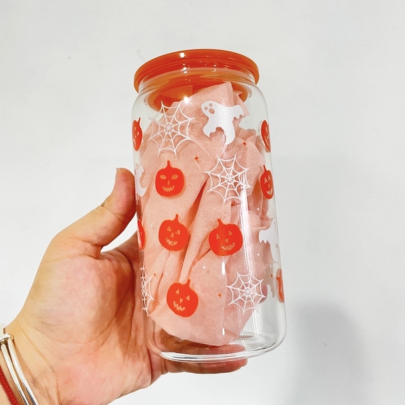 50 Pack USA Warehouse 16oz Halloween Glass Can With 3D Touch Design And Plastic Lids