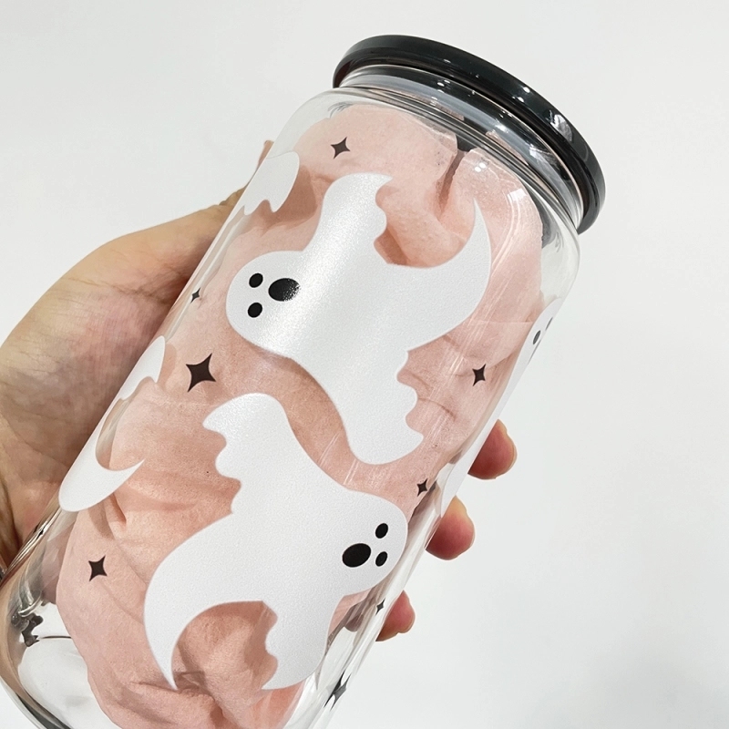 50 Pack USA Warehouse 16oz Halloween Glass Can With 3D Touch Design And Plastic Lids