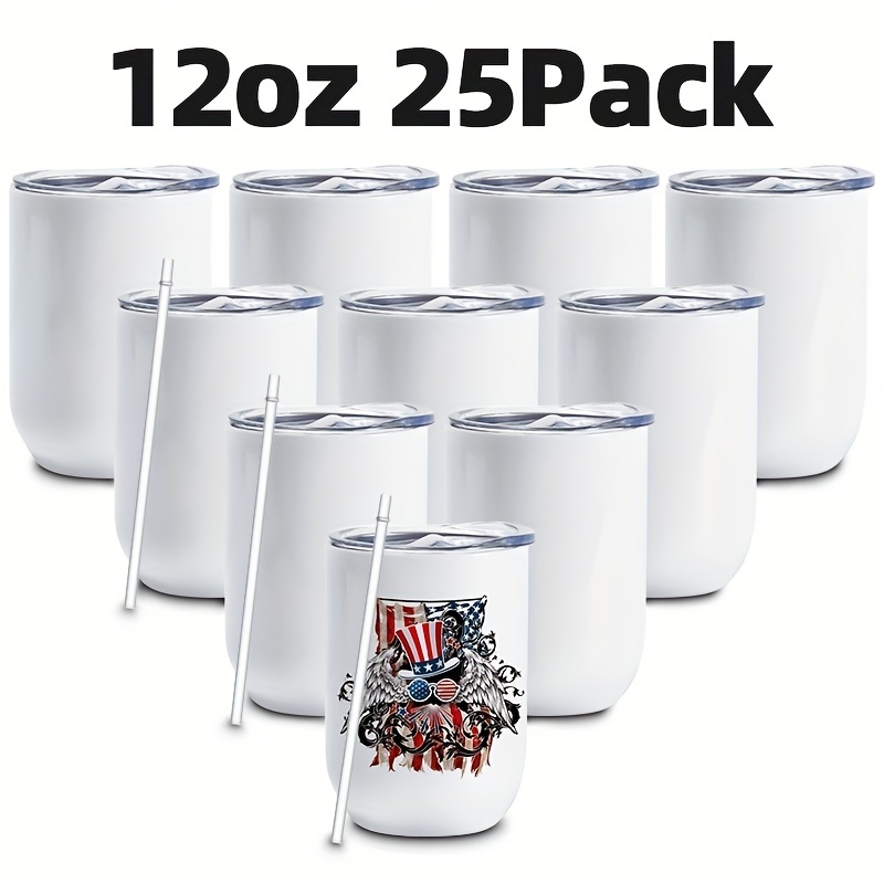 25/50pcs 12oz Sublimation Wine Tumblers Blanks, Straight Stainless Steel Insulated Mug for Full Wrap Heat Transfer, Spill-proof Sliding Lid Plastic Straw for Coffee Cocktails Drinks
