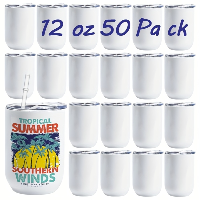 25/50pcs 12oz Sublimation Wine Tumblers Blanks, Straight Stainless Steel Insulated Mug for Full Wrap Heat Transfer, Spill-proof Sliding Lid Plastic Straw for Coffee Cocktails Drinks