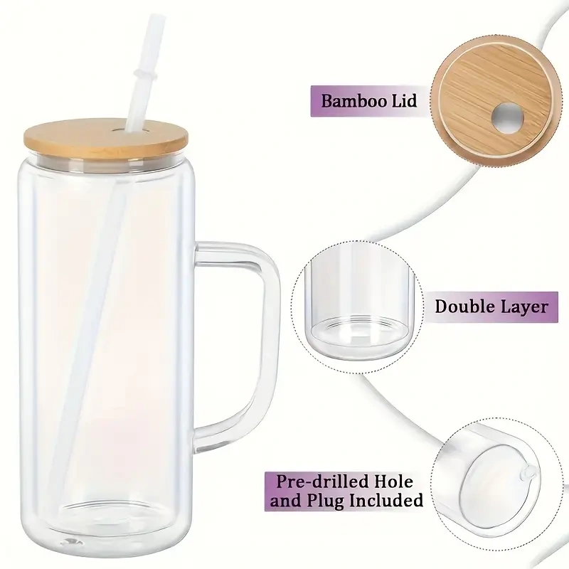 25pcs US warehouse 20oz Double-Walled Transparent Snowball Cups with handle | Heat Transfer Glass Cups | Pre-Drilled