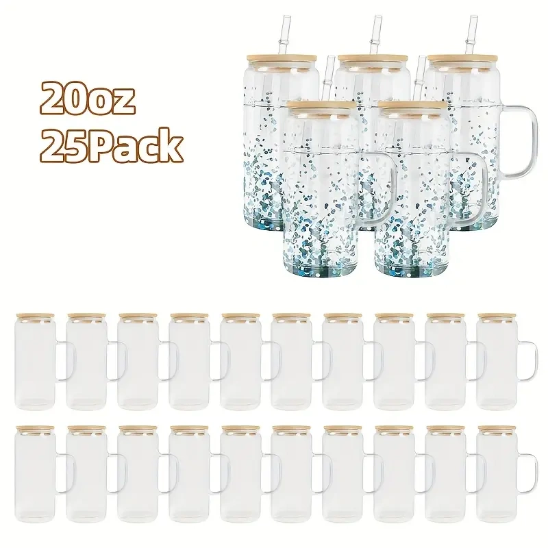 25pcs US warehouse 20oz Double-Walled Transparent Snowball Cups with handle | Heat Transfer Glass Cups | Pre-Drilled