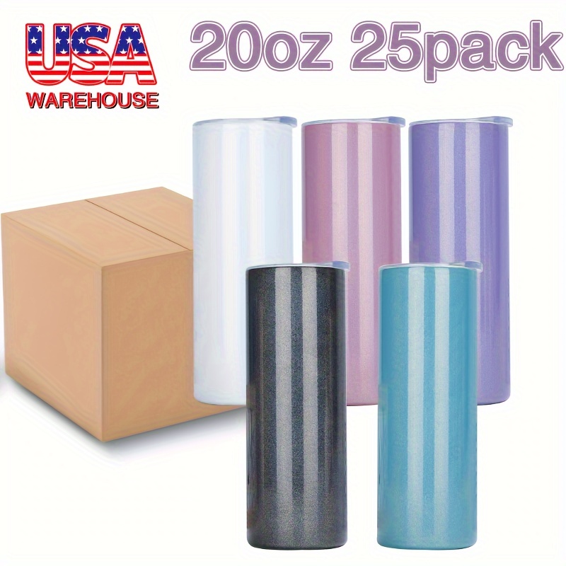 25 Pack 20oz Sublimation White/Mix Glitter Tumbler with Individually Plastic Straws Can