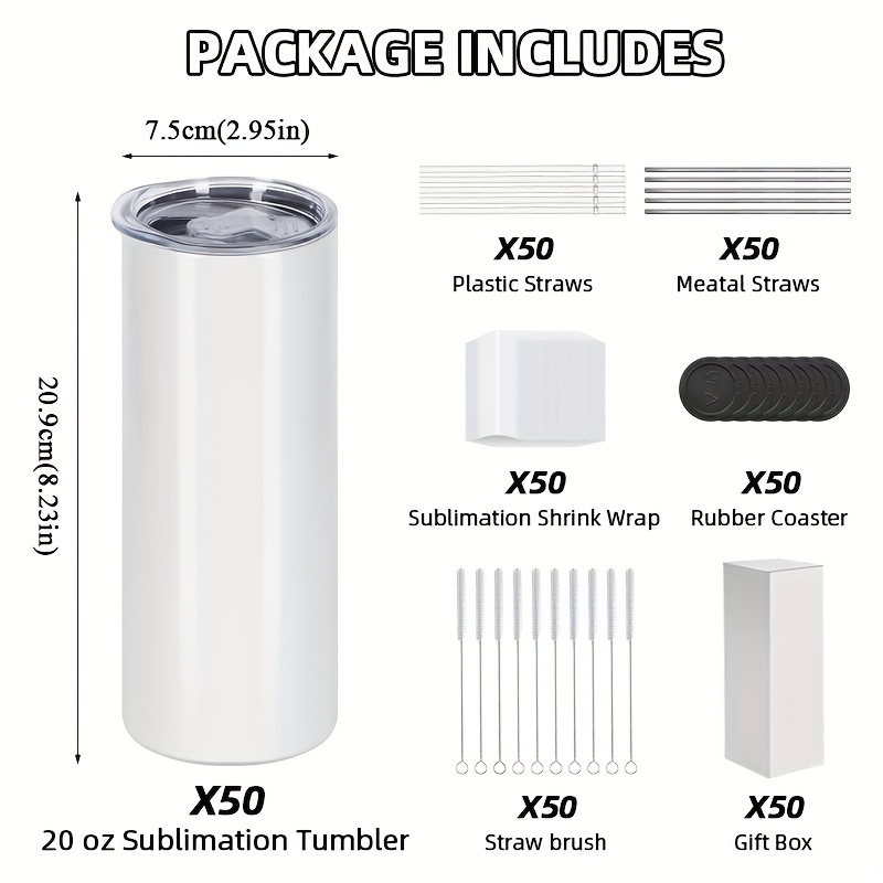 25/50pcs 20oz Sublimation Straight Cup with Lid Plastic Straw Metal Straw Stainless Steel Double Wall Insulation Tumbler
