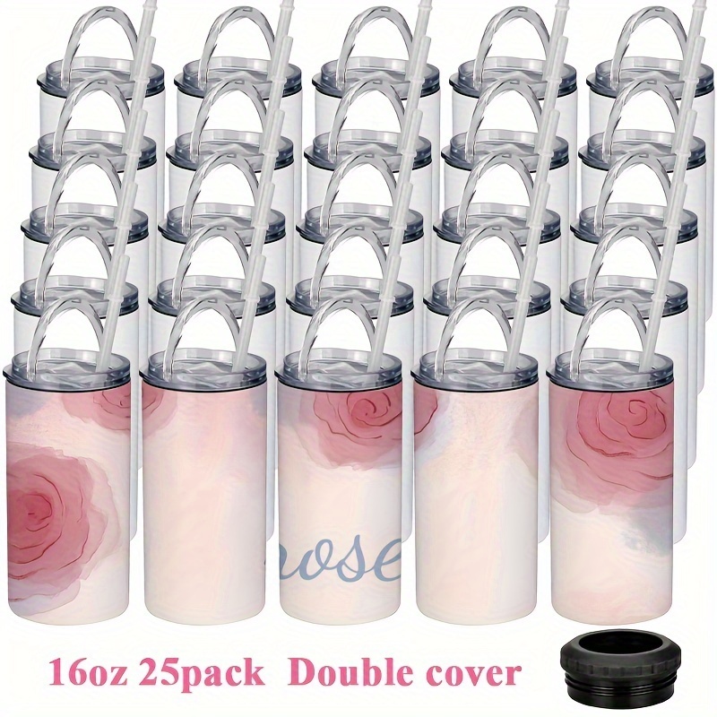 25pcs of 16oz 4-in-1 Sublimation Blank Cooler Jars Bulk Stainless Steel Tumbler Double Wall Straight Cup with 2 Lids and Straws