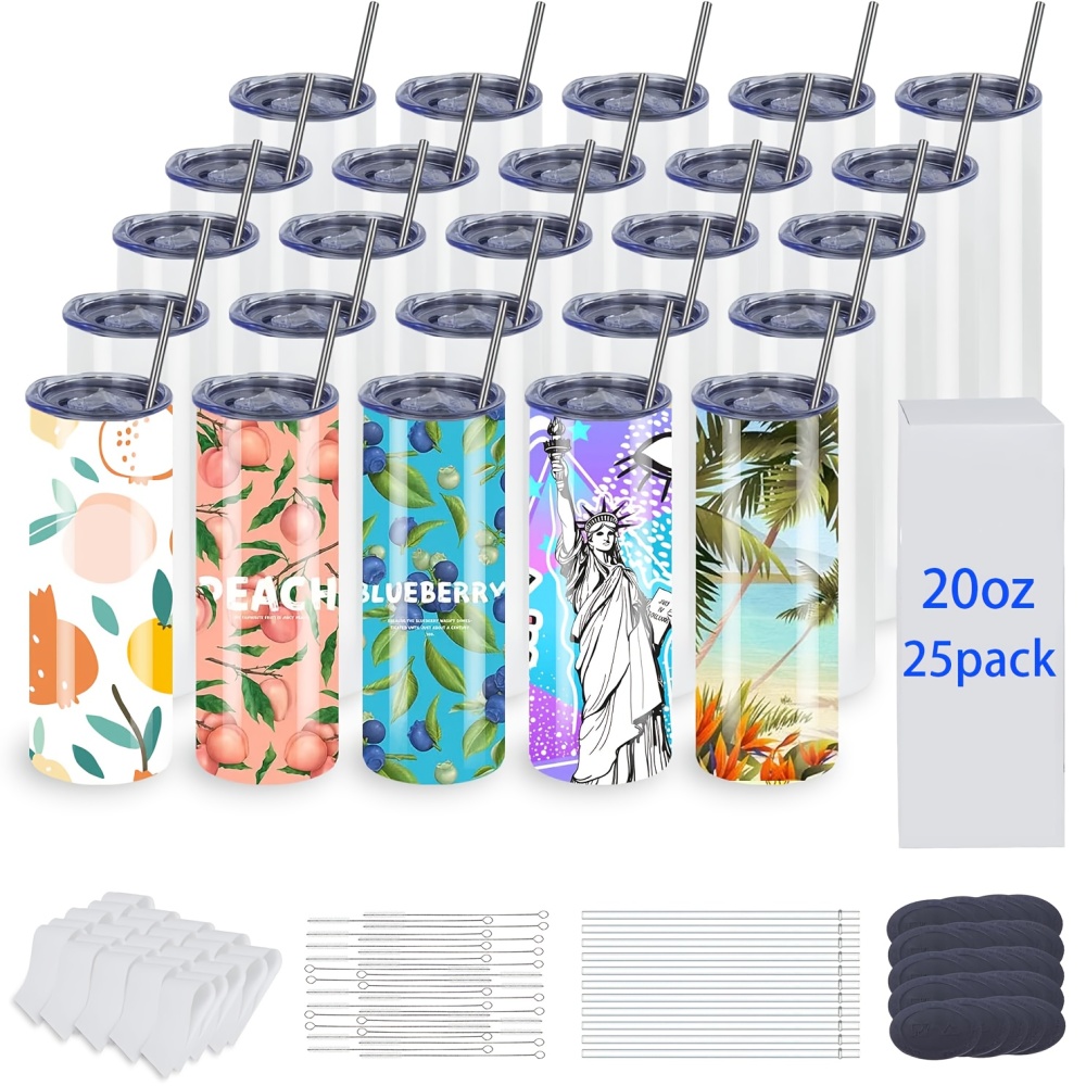 25/50pcs 20oz Sublimation Straight Cup with Lid Plastic Straw Metal Straw Stainless Steel Double Wall Insulation Tumbler
