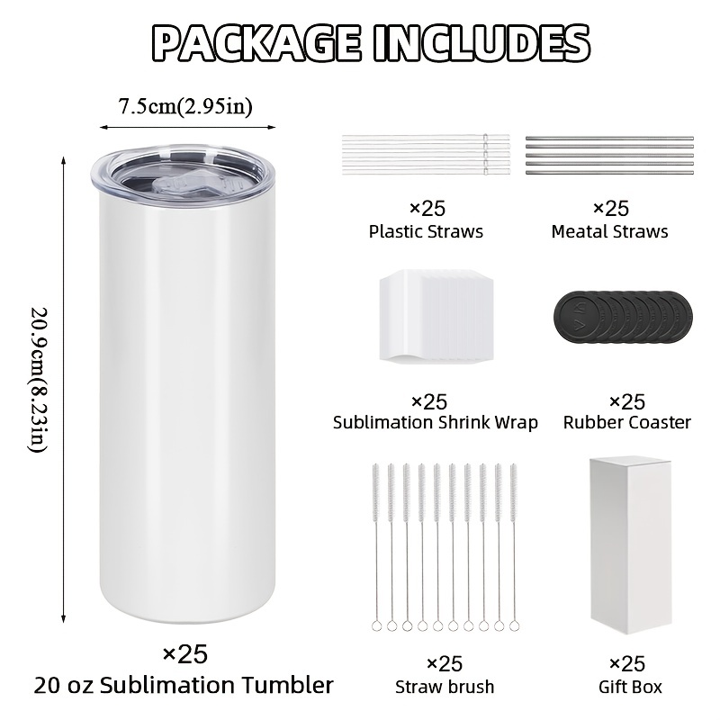 25/50pcs 20oz Sublimation Straight Cup with Lid Plastic Straw Metal Straw Stainless Steel Double Wall Insulation Tumbler