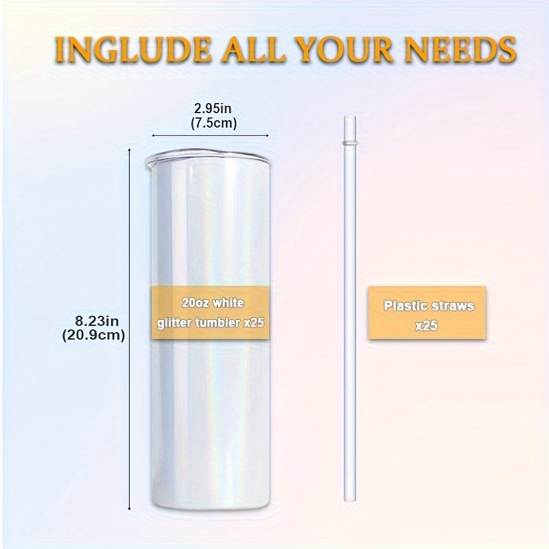 25 Pack 20oz Sublimation White/Mix Glitter Tumbler with Individually Plastic Straws Can