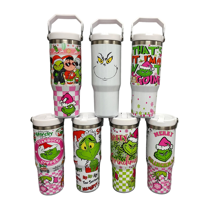 30oz Grinch Stainless Steel Tumblers with Lifting Handle and Lid