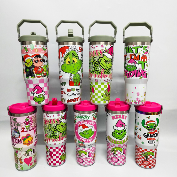 30oz Grinch Stainless Steel Tumblers with Lifting Handle and Lid