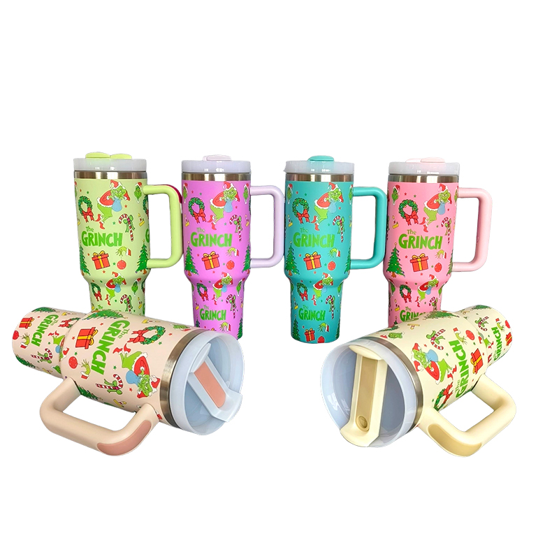 H2.0 40oz Grinch Full Print Stainless Steel Tumblers with Colored Handle