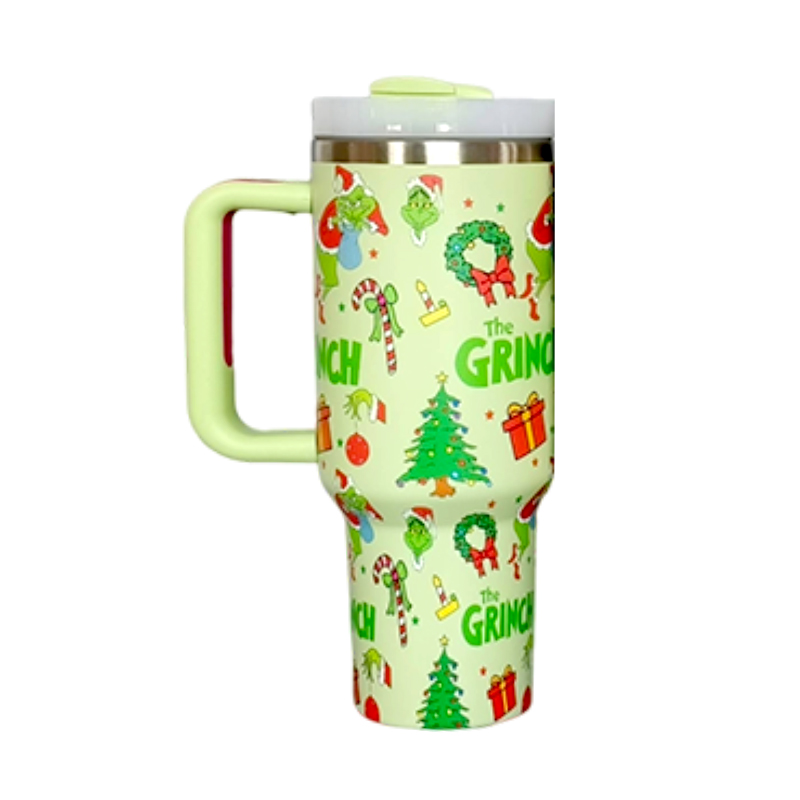 H2.0 40oz Grinch Full Print Stainless Steel Tumblers with Colored Handle