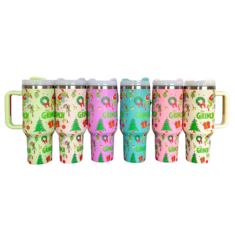 H2.0 40oz Grinch Full Print Stainless Steel Tumblers with Colored Handle
