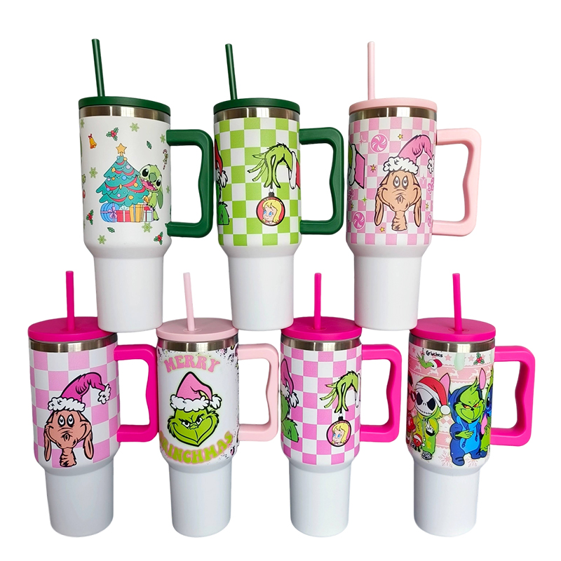 H4.0 40oz Grinch Stainless Steel Tumblers with Colored Handle Half Printed